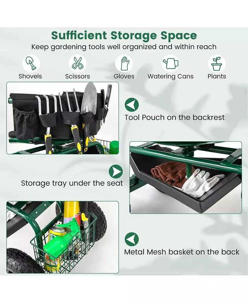 SUGIFT Cushioned Rolling Garden Cart Scooter with Storage Basket and Tool Pouch 8