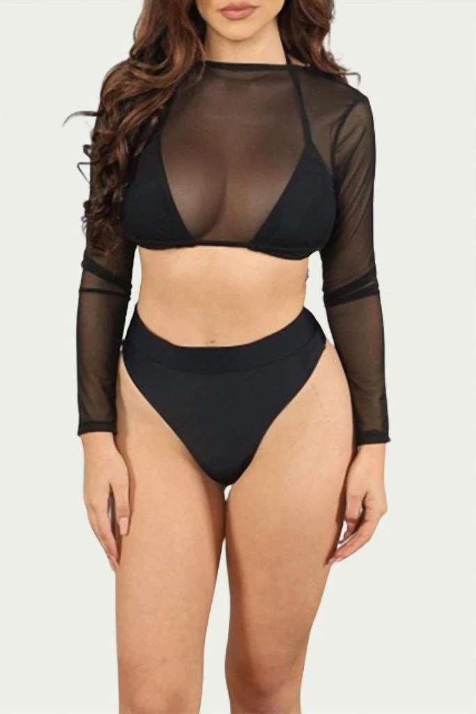 LOVE J STYLE Mesh Three-Piece Bikini Set In Black