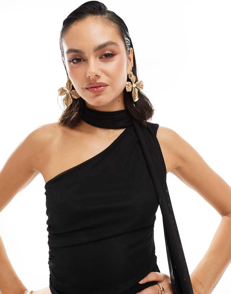 Stradivarius Stradivarius asymmetric tulle top with scarf in black 3
