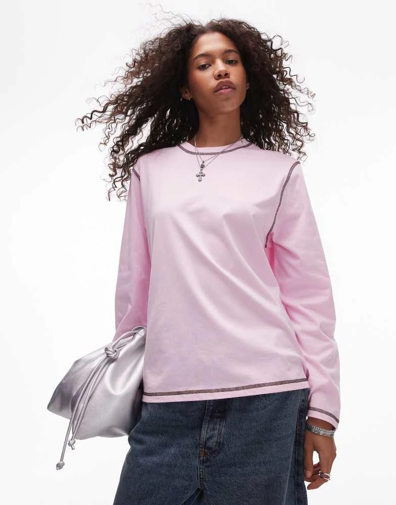 Résumé Resume oversized long sleeve t-shirt in baby pink with contrast stitch 2