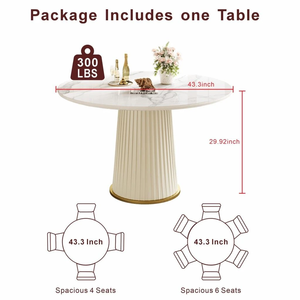 Streamdale Furniture Streamdale Modern 43.3" Round Dining Table, Glossy Sintered Stone Top, PU Leather Pedestal 5