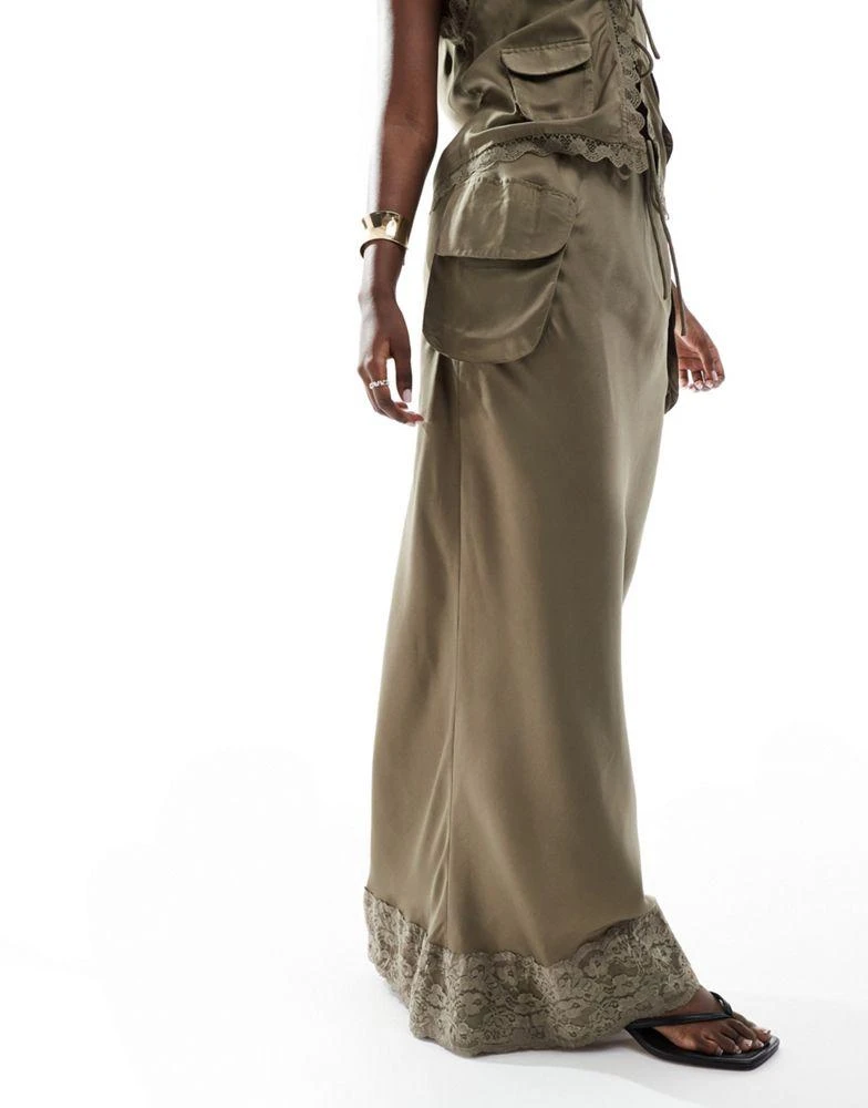 ASOS ASOS DESIGN lace trim utility maxi skirt co-ord in khaki 4