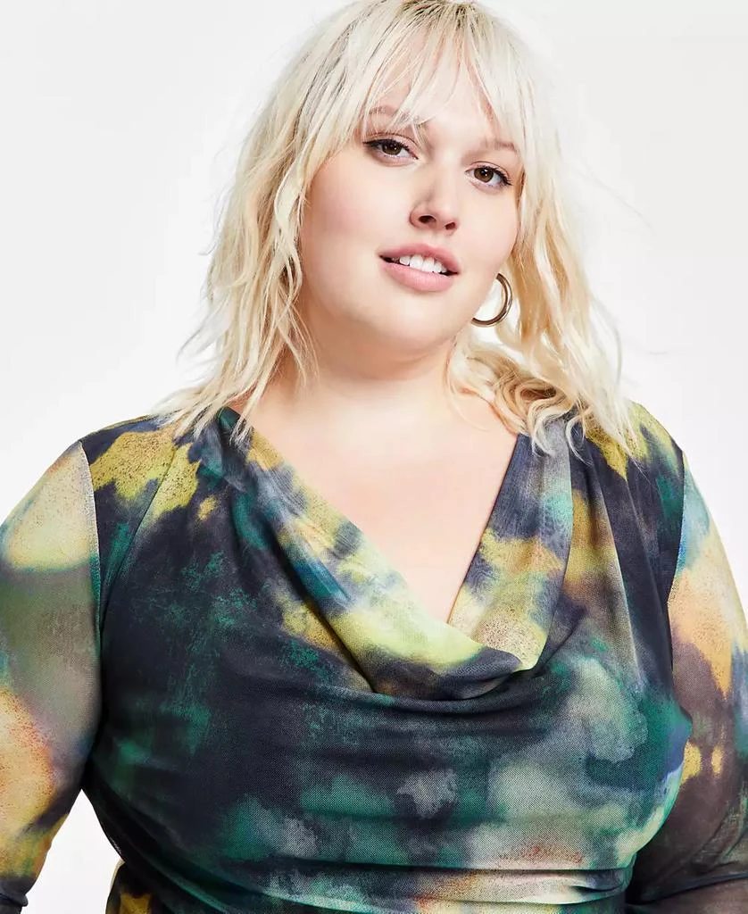 Bar III Trendy Plus Size Printed Mesh Cowlneck Top, Created for Macy's 3