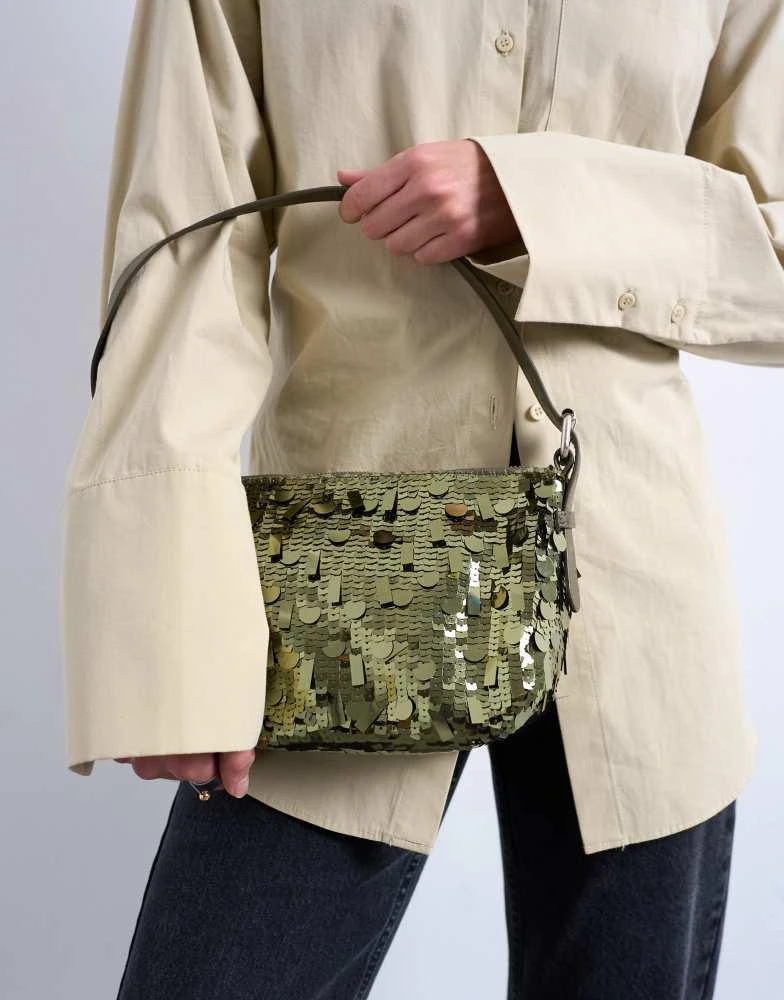 Topshop Topshop Sol shoulder sequin bag with leather handle in khaki 4