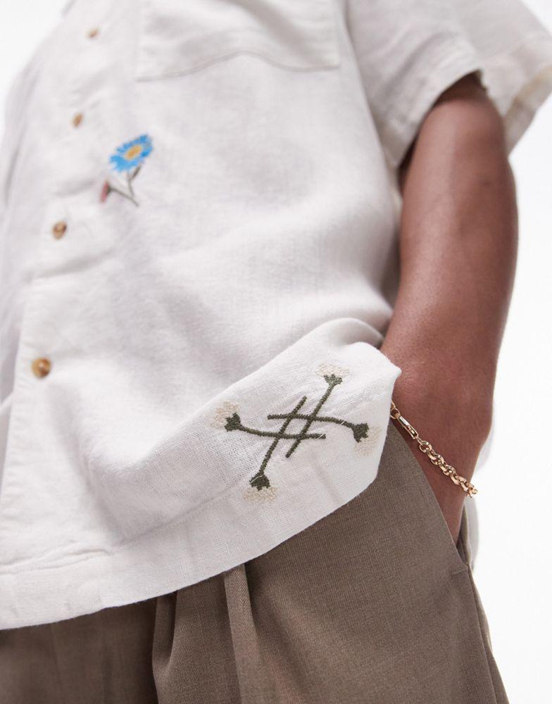 Topman Topman short sleeve relaxed embroidered floral shirt in white