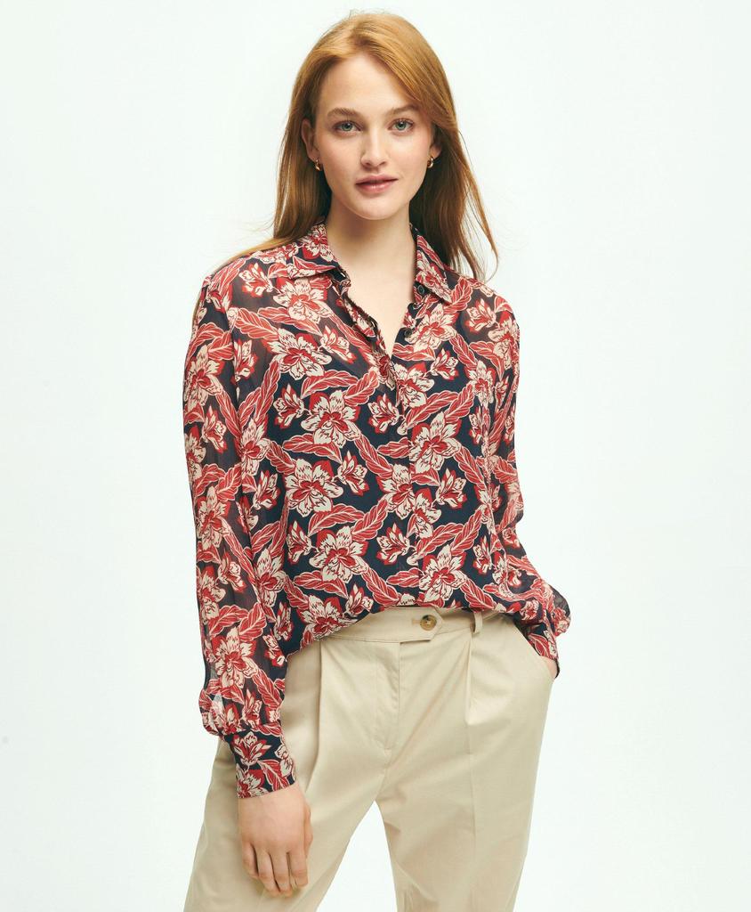 Brooks Brothers Crinkle Chiffon Tropical Floral Print Blouse