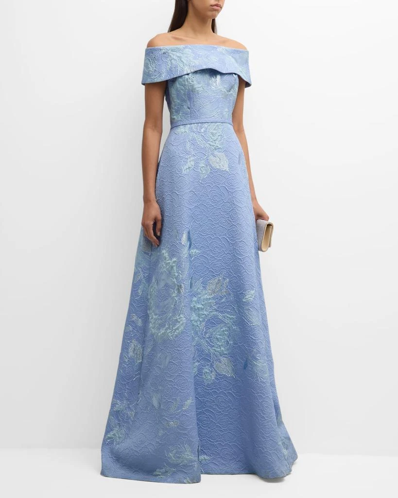 Teri Jon Off-Shoulder Metallic Flower Jacquard Gown 3