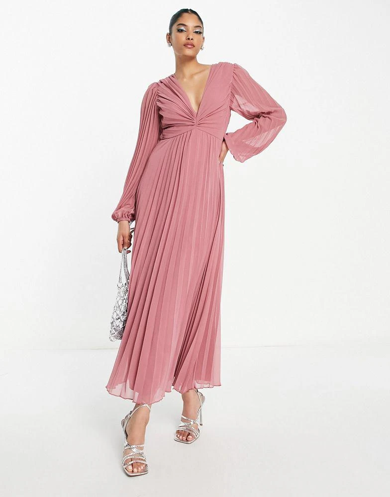 ASOS ASOS DESIGN pleated bodice plunge neck midi dress in rose 1