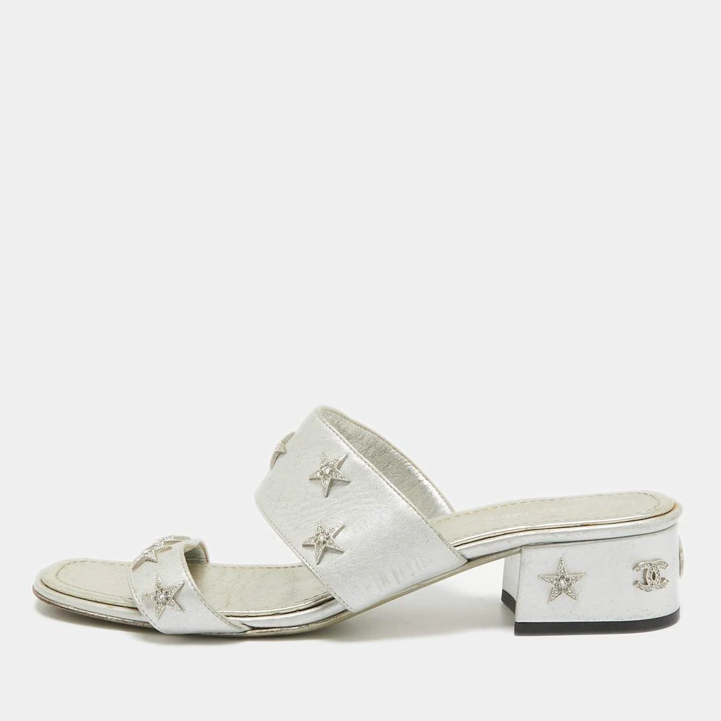 Chanel Chanel Silver Leather Star Crystal Embellished Slide Sandals Size 38.5 1