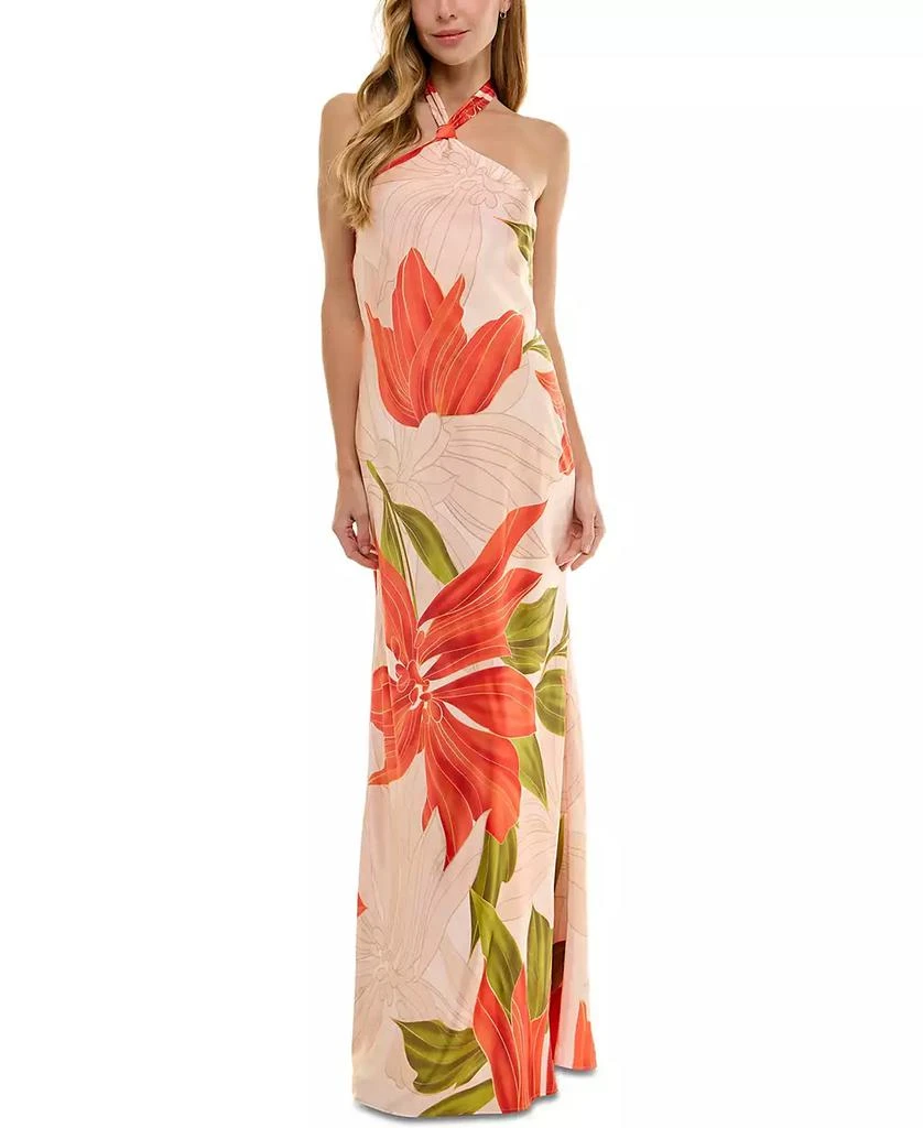 SENI & CADE Juniors' Printed Halter-Neck Satin Long Dress 1
