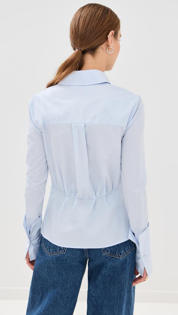 LaQuan Smith Fitted Button Down with Peplum and Pleated Shoulder with Exagerated Cuff