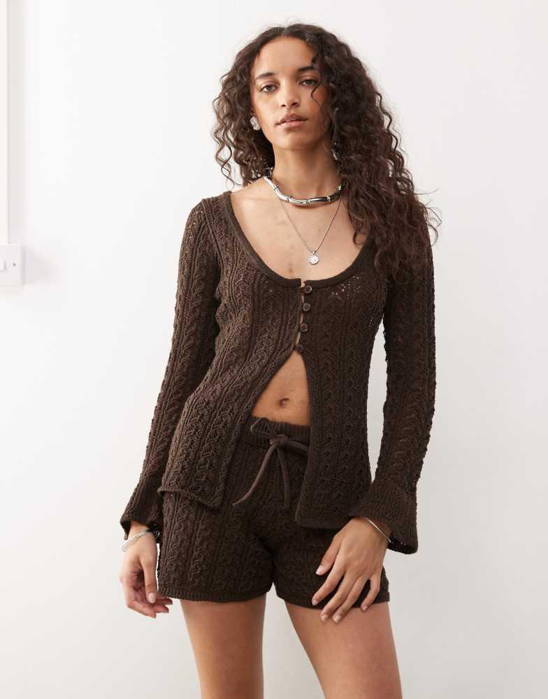 Reclaimed Vintage Reclaimed Vintage crochet button detail split front festival top co-ord in chocolate brown