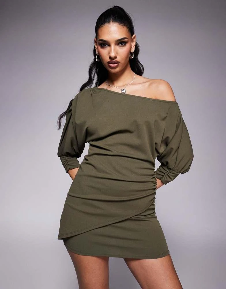ASOS ASOS DESIGN slash shoulder wrap skirt mini dress in khaki 2