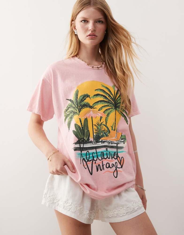 Reclaimed Vintage Reclaimed Vintage oversized t-shirt with palm tree holiday print in pink