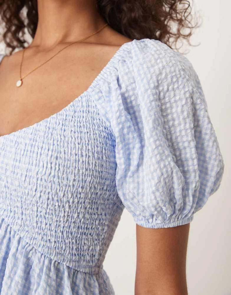 Kiss The Sky Kiss The Sky babydoll shirred mini dress in blue and white 4