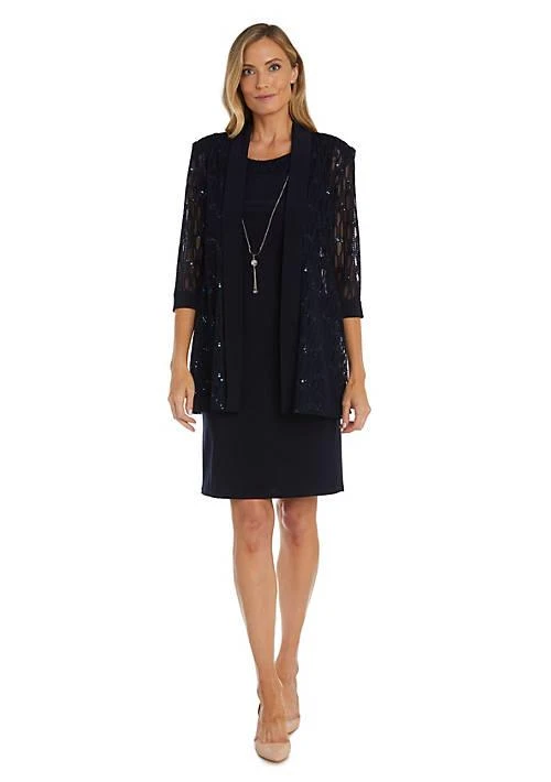 R & M Richards M Richards 2Pc Stripe Dot Sequin Lace And Ity Jacket Dress 3