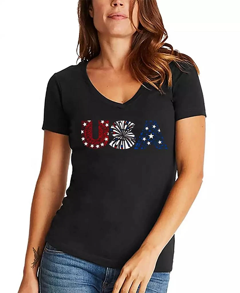 LA Pop Art Women's Word Art USA Fireworks V-Neck T-Shirt 1