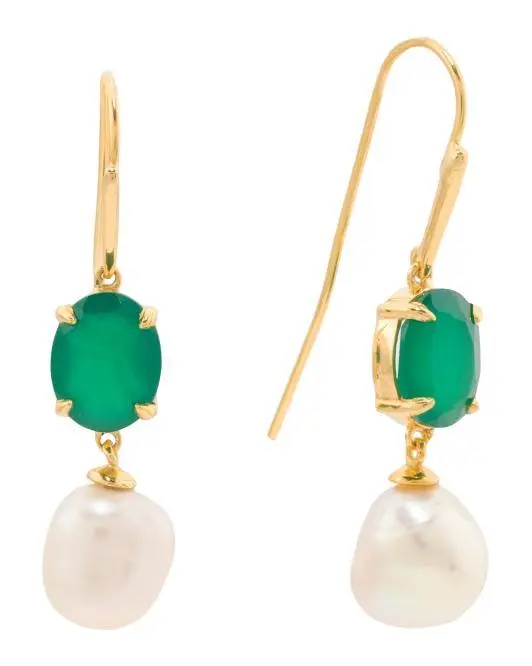 SHIVAM Made In India 14kt Plated Pearl And Green Onyx Drop Earrings