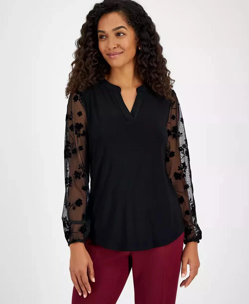 Kasper Petite Floral Contrast-Sleeve Split-Neck Blouse 1