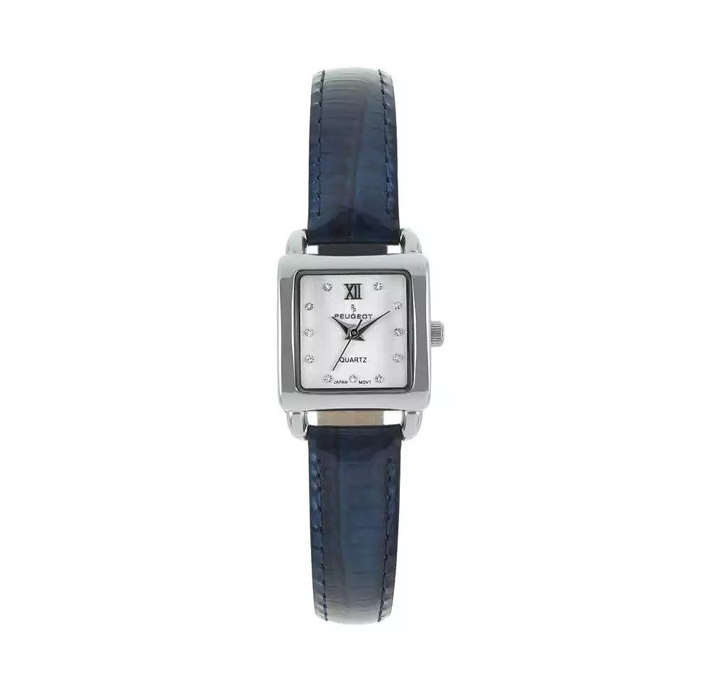 Peugeot Women's 20mm Square Watch with Glossy Blue Leather Strap
