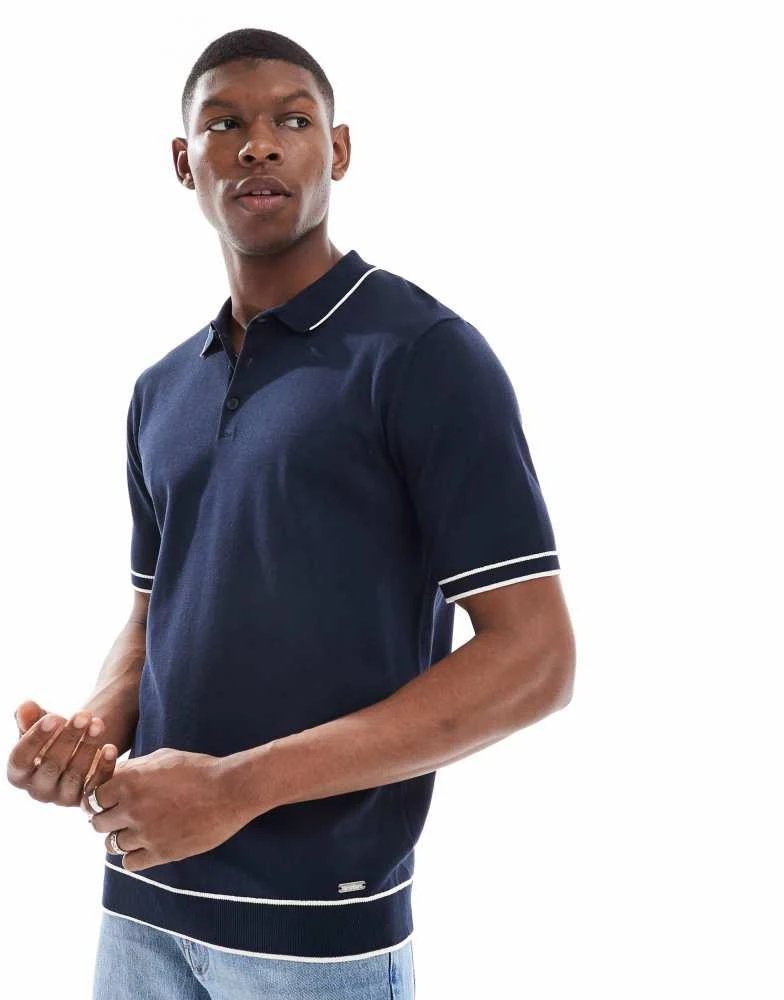 Threadbare Threadbare short sleeve knitted polo shirt in navy with white tipping 1