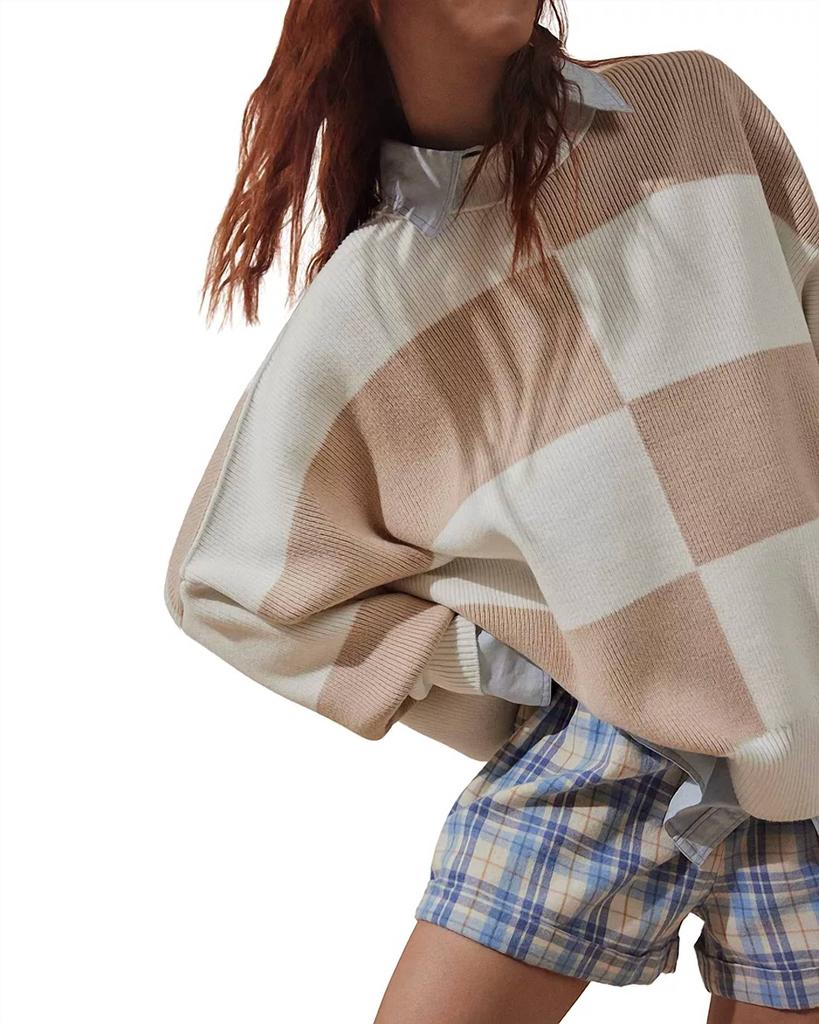 Free People Checker Easy Street Sweater In White Sand