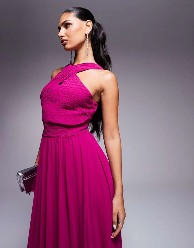 Goddiva Goddiva Halter neck chiffon maxi dress in magenta 2