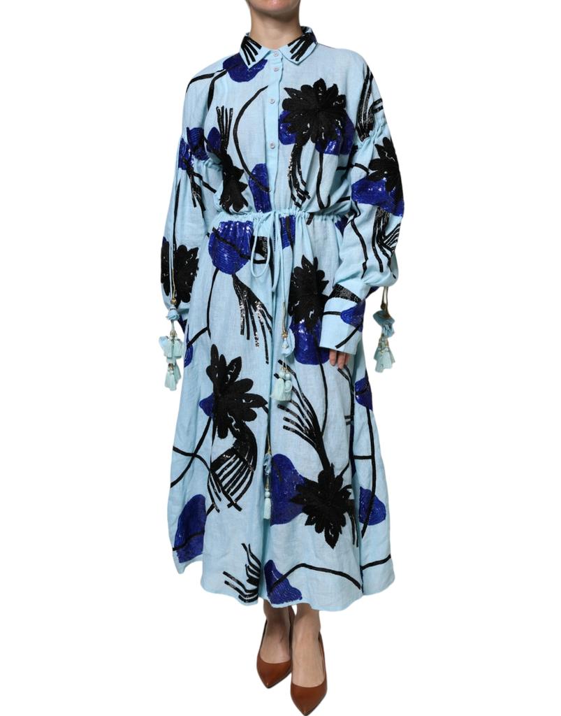 CHRISTIAN PELLIZZARI blue Floral Embellished Shirt Maxi Women's Dress