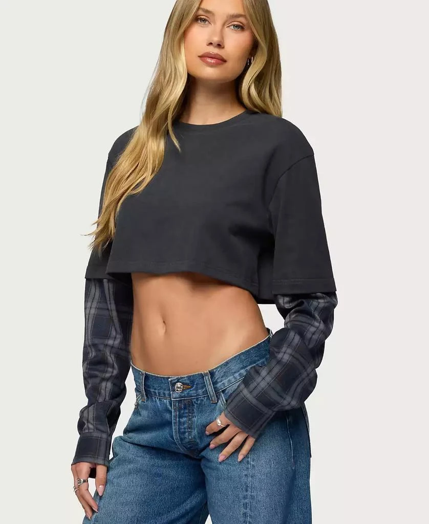 Edikted Women
s Plaid Sleeves Layered Crop Top 4