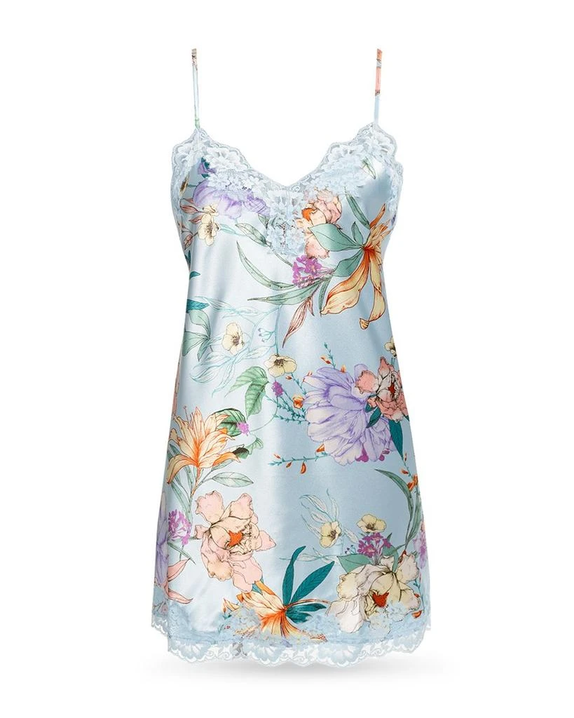 In Bloom Stretch Satin Sky Blue Lace Trim Floral Print Chemise 3