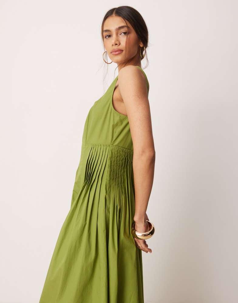 ASOS ASOS DESIGN scoop neck pleat waist maxi dress in olive