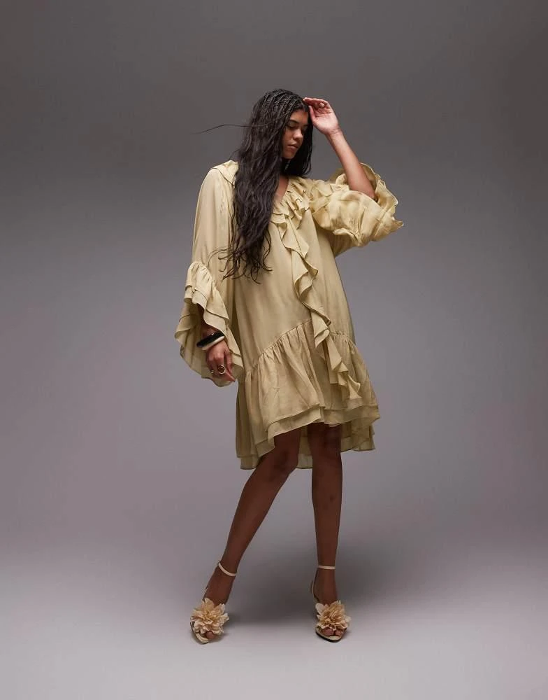 white christmas dresses Half Sleeve Yellow Camellia Print Chiffon Mini Dress – Drewliet main image 1