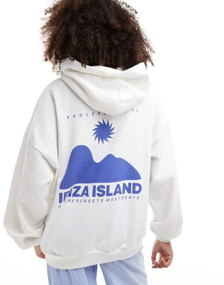 Pull&Bear Pull&Bear Ibiza graphic oversized hoodie in white 1