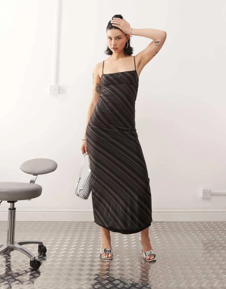 Motel Motel darsih striped mesh cami maxi dress in dark grey 3