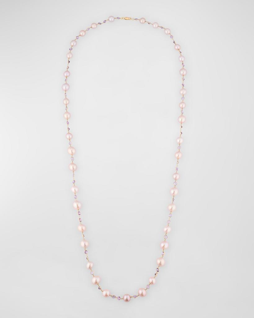 BELPEARL 18K Yellow Gold Amethyst and 10-13.4mm Kasumiga Pink Pearl Necklace