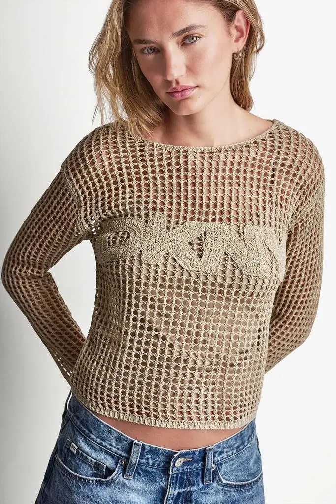 DKNY CROCHET OPEN-STITCH LOGO SWEATER