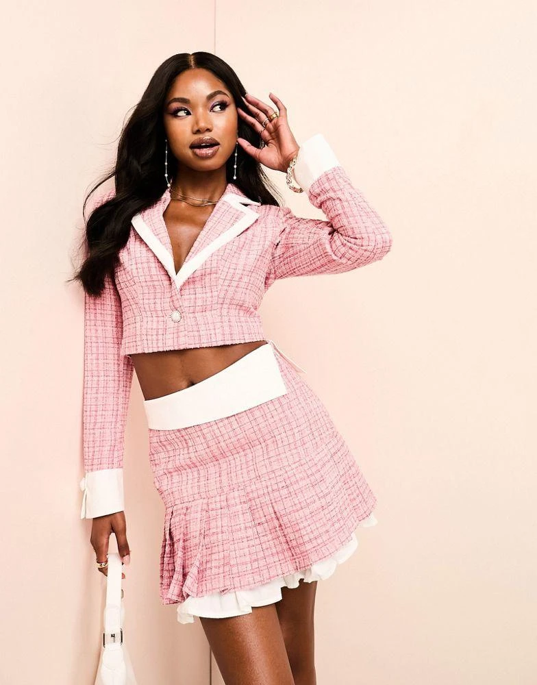 ASOS LUXE ASOS LUXE co-ord boucle crop blazer with poplin collar detail in pink 3