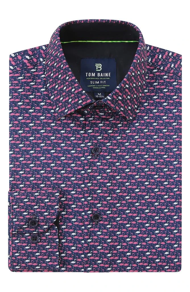 TOM BAINE Flamingo Print Long Sleeve Slim Fit 4-Way Stretch Shirt 6