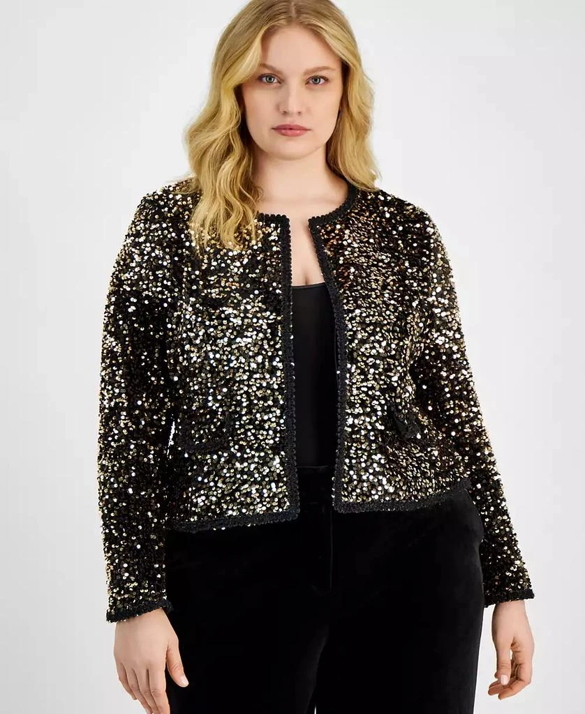 Tahari Plus Size Sequin Collarless Long-Sleeve Jacket 1