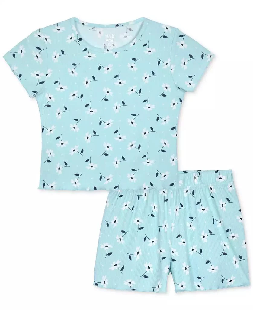 Max & Olivia Big Girls Floral-Print Rib Lettuce-Edge Shorts Pajama Set 1