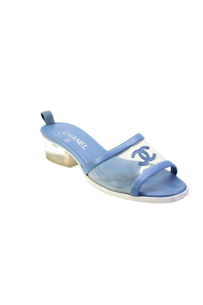 Chanel Womens Leather Peep Toe PVC Logo Sandals Blue 1