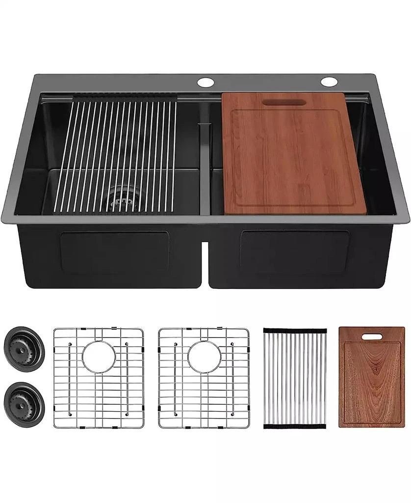 Flynama 33inch Gunmetal Black Topmount Workstation Kitchen Sink 16 Gauge Stainless Steel Double Bowl