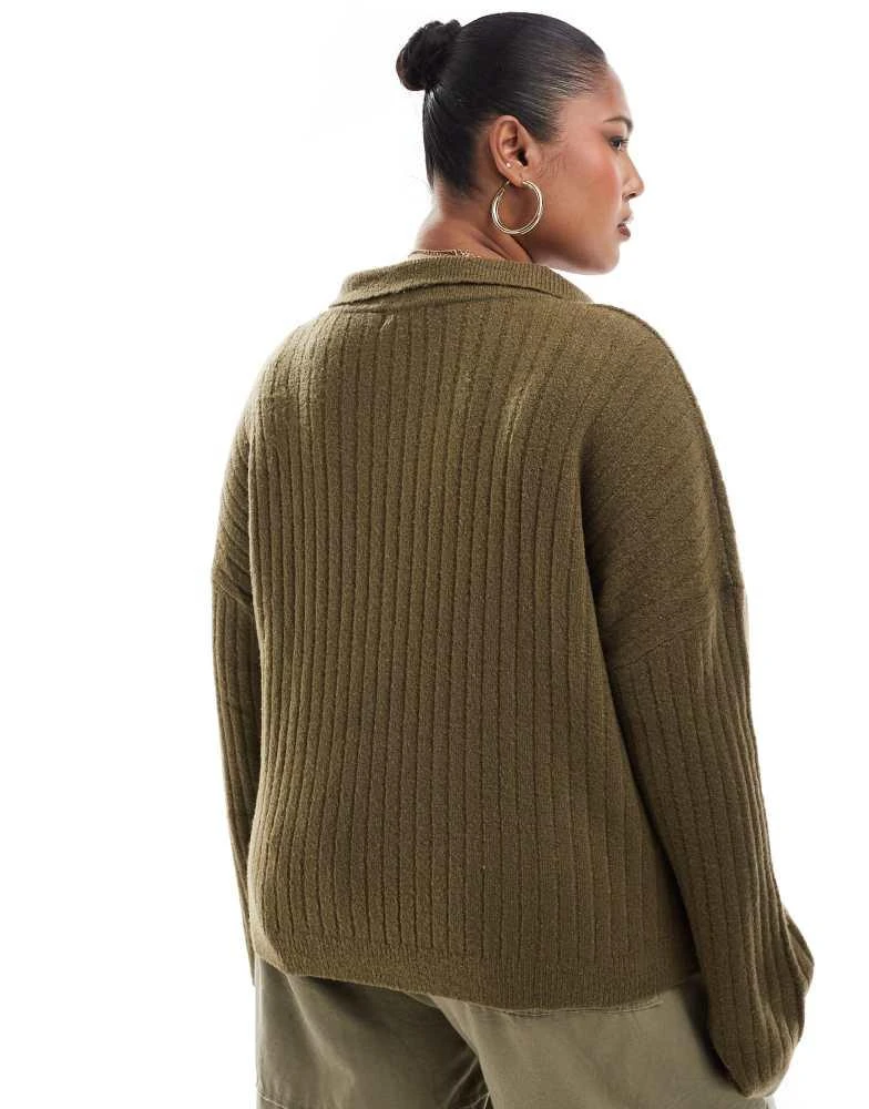 Brave Soul Brave Soul Plus v-neck polo jumper in khaki 4