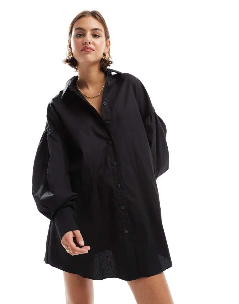 ASOS ASOS DESIGN boyfriend shirt mini dress with blouson sleeve in black 4