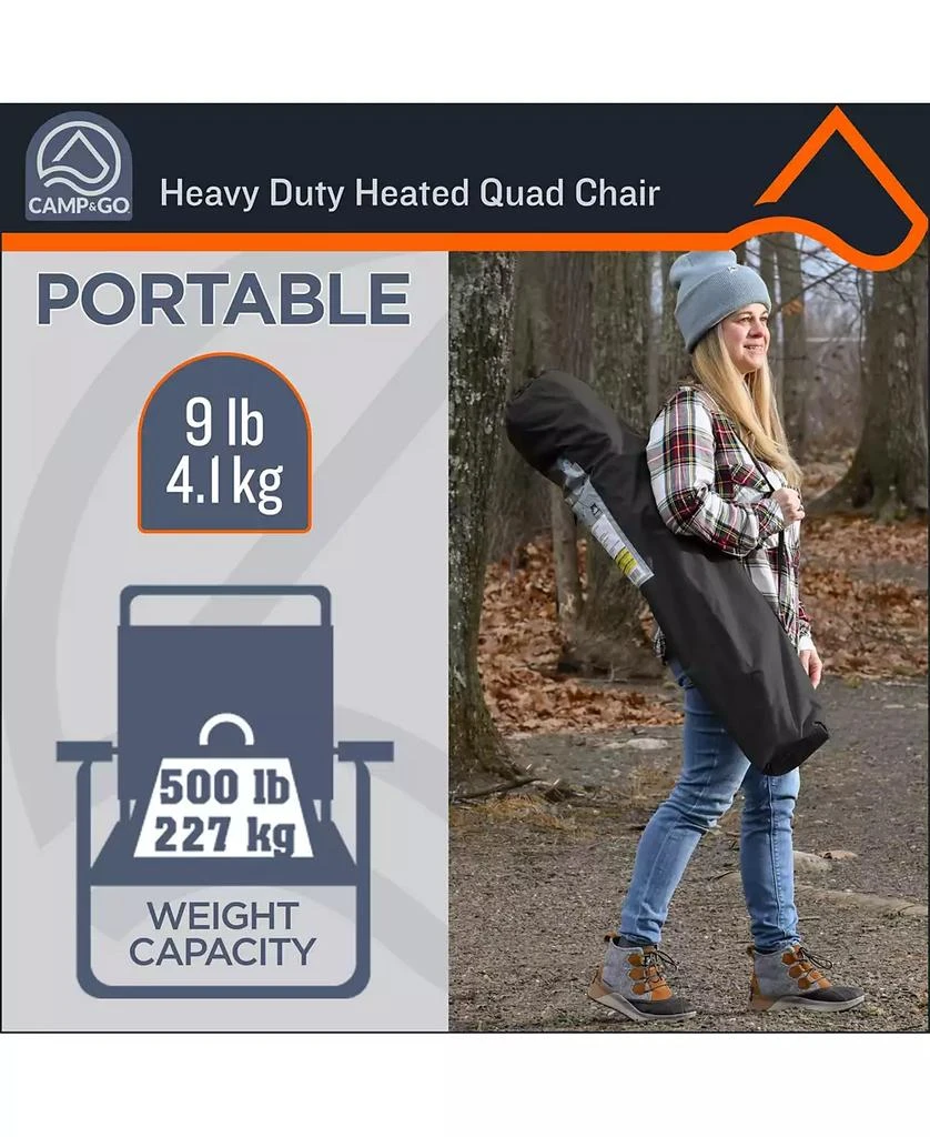 Camp 
Go Heavy-Duty Heated Quad Outdoor Camping Chair, Folding Heated Chair with 18" USB Cable, Storage Compartment, and Cup Holder, Black 6