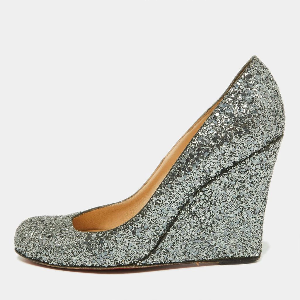 Christian Louboutin Christian Louboutin Metallic Grey Coarse Glitter Miss Boxe Wedge Pumps Size 38 1