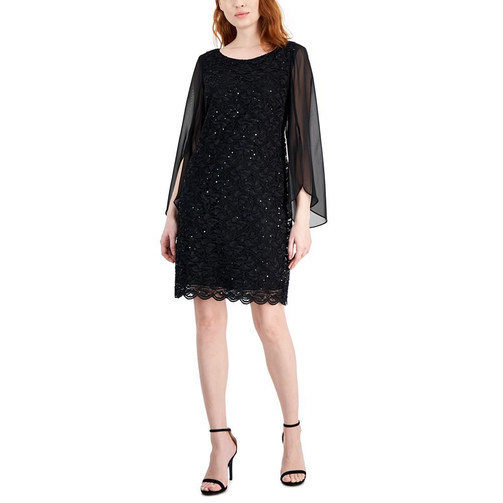 Connected Petite Round-Neck Long-Cape-Sleeve Lace Dress