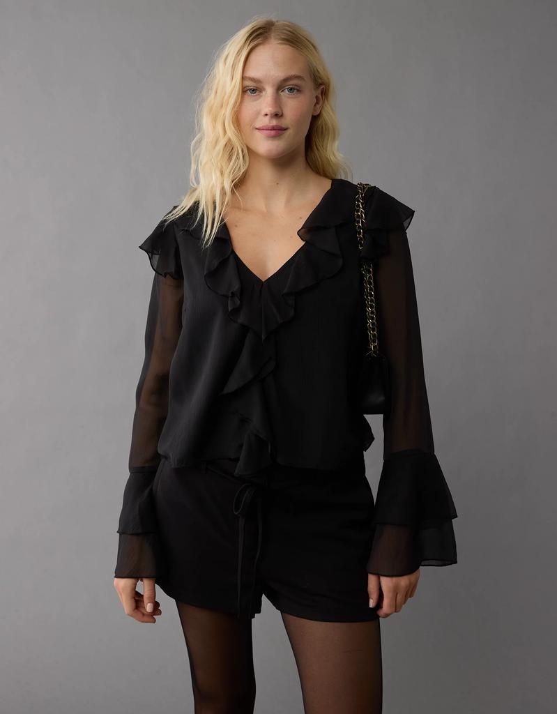 AE AE Long-Sleeve Chiffon Ruffle Blouse