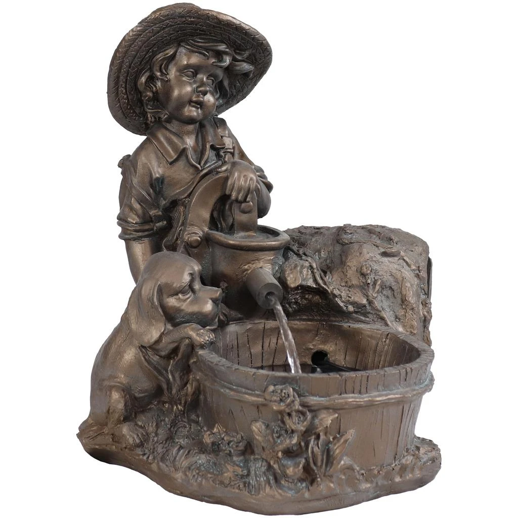 Sunnydaze Outdoor Polyresin Boy with Dog Solar Powered Water Fountain Feature with LED Light - 15" - Light Brown 1