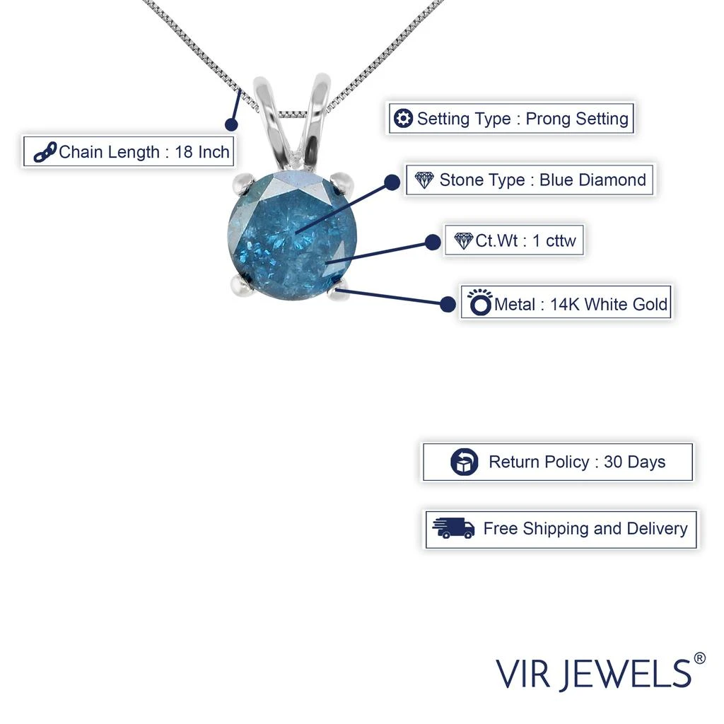 Vir Jewels 1 cttw Blue Diamond Solitaire Pendant Necklace 14K White Gold Round with Chain 2